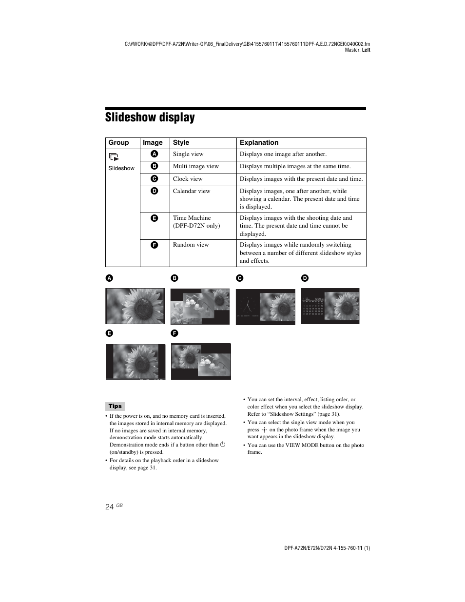 Slideshow display | Sony DPF-D72N User Manual | Page 24 / 64