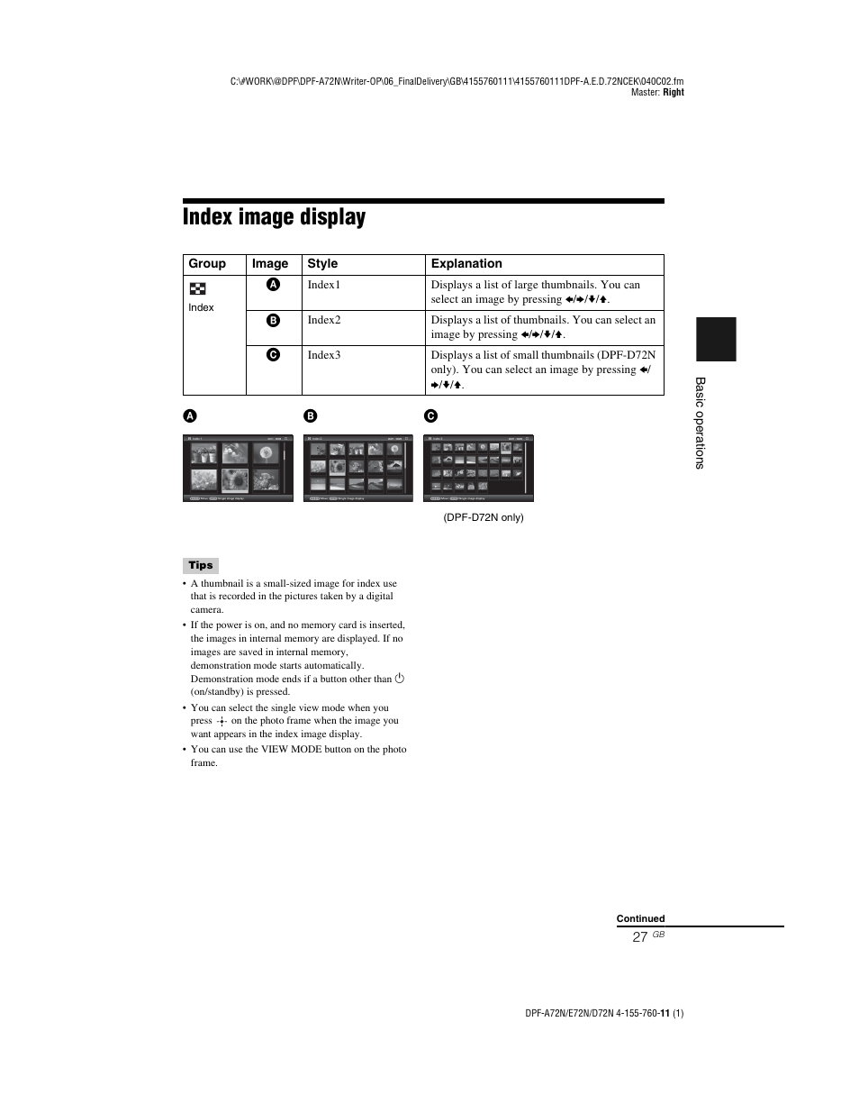Index image display | Sony DPF-D72N User Manual | Page 27 / 64