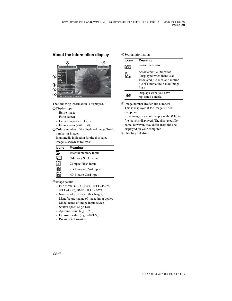 About the information display | Sony DPF-D72N User Manual | Page 28 / 64