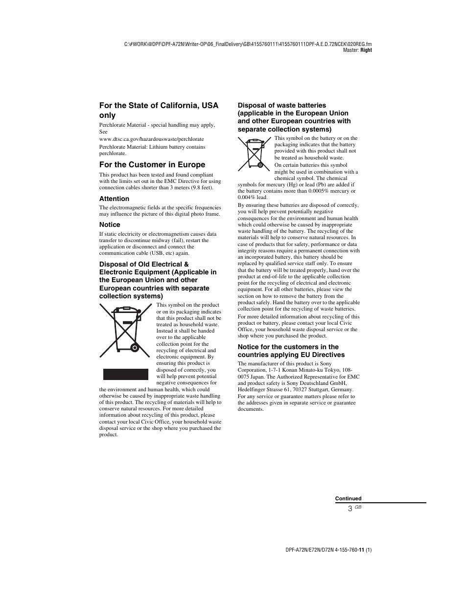 For the state of california, usa only, For the customer in europe | Sony DPF-D72N User Manual | Page 3 / 64