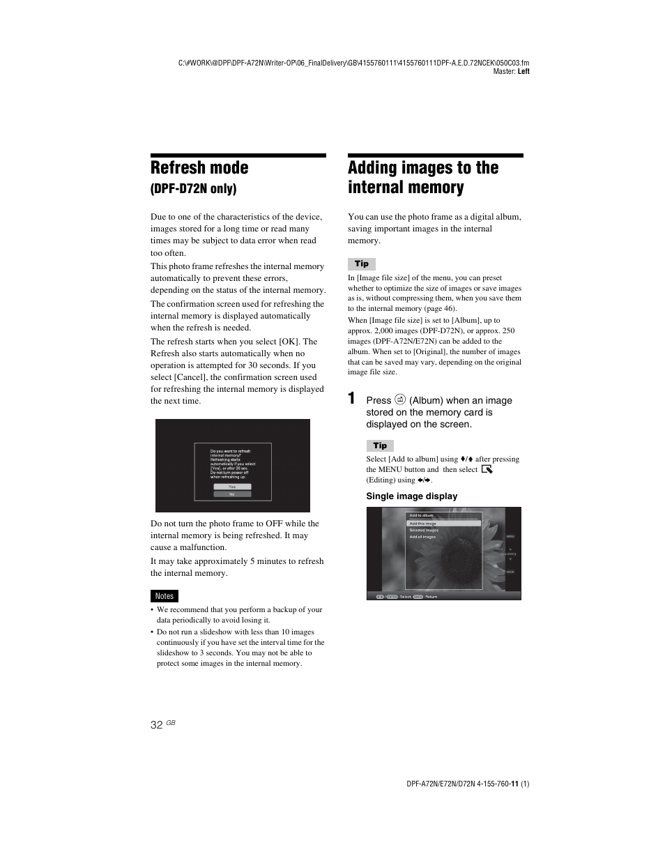 Refresh mode (dpf-d72n only), Adding images to the internal memory, Refresh mode | Dpf-d72n only) | Sony DPF-D72N User Manual | Page 32 / 64