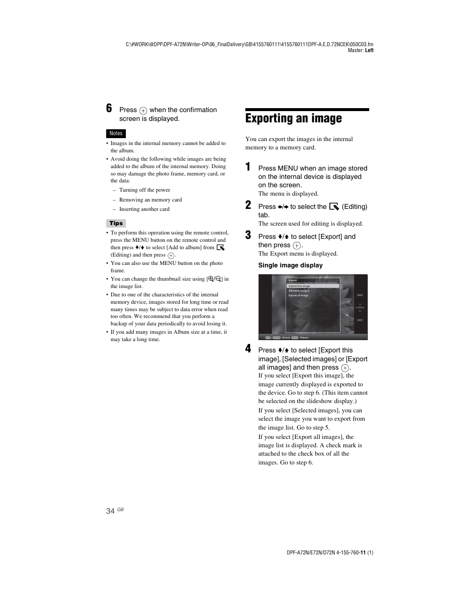 Exporting an image | Sony DPF-D72N User Manual | Page 34 / 64