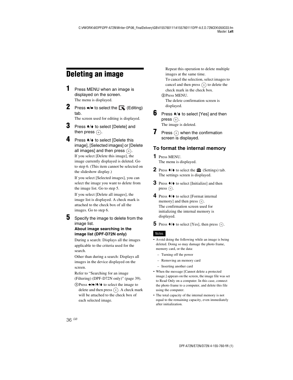 Deleting an image | Sony DPF-D72N User Manual | Page 36 / 64