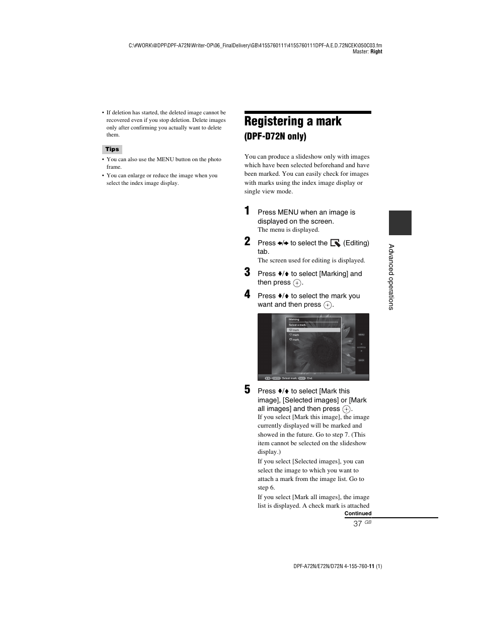 Registering a mark (dpf-d72n only), Registering a mark, Dpf-d72n only) | Sony DPF-D72N User Manual | Page 37 / 64