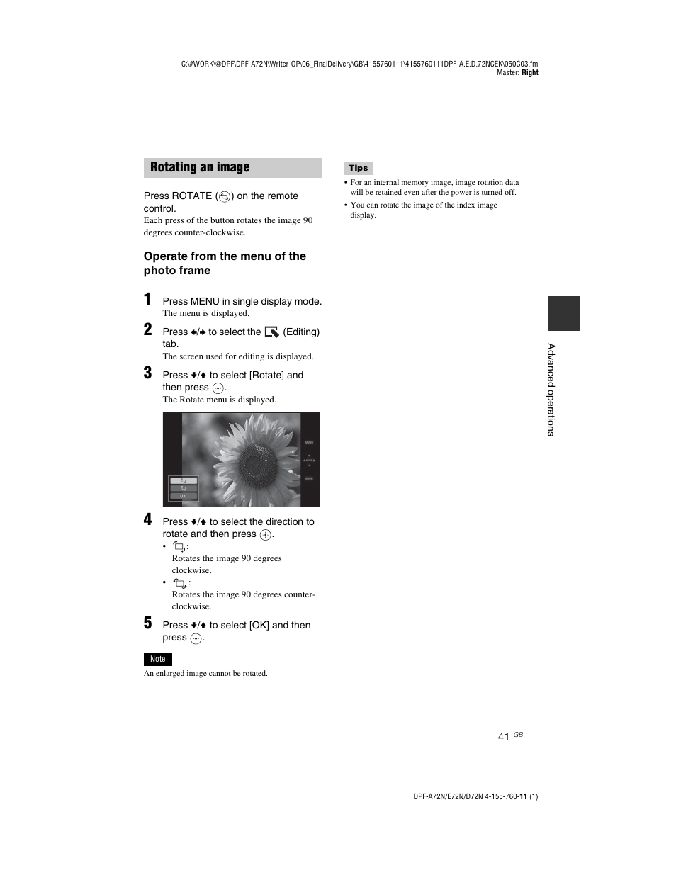 Rotating an image | Sony DPF-D72N User Manual | Page 41 / 64