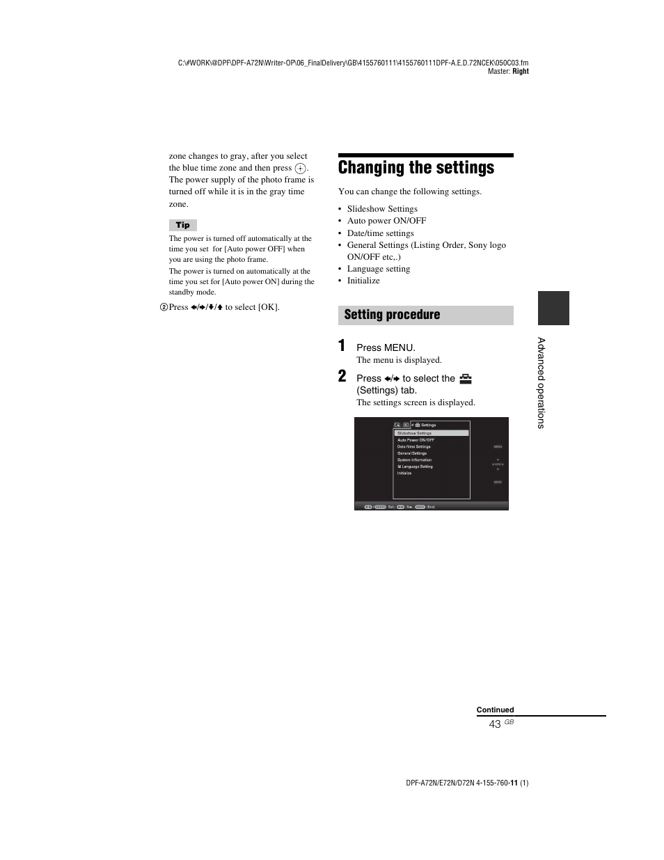 Changing the settings, Setting procedure | Sony DPF-D72N User Manual | Page 43 / 64