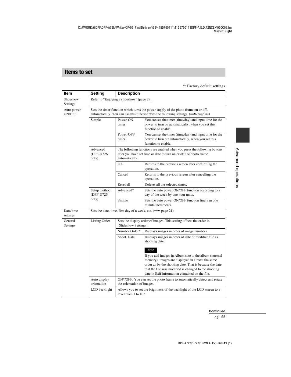 Items to set | Sony DPF-D72N User Manual | Page 45 / 64