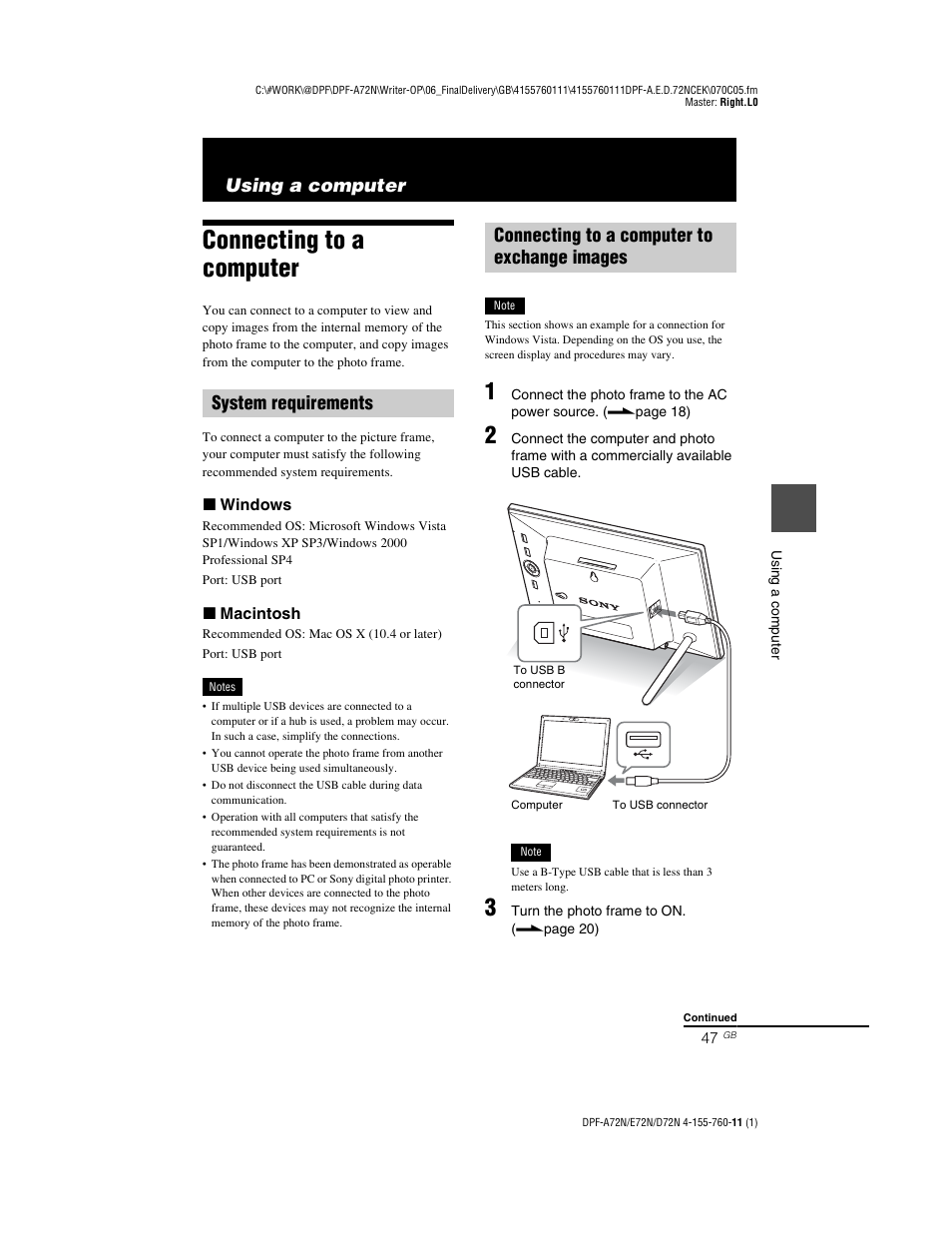 Using a computer, Connecting to a computer, System requirements | Connecting to a computer to exchange images | Sony DPF-D72N User Manual | Page 47 / 64