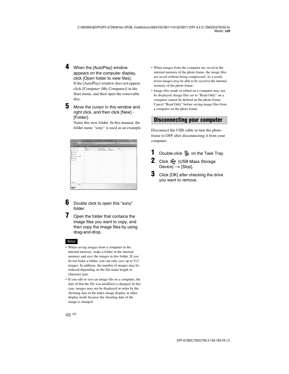 Disconnecting your computer | Sony DPF-D72N User Manual | Page 48 / 64