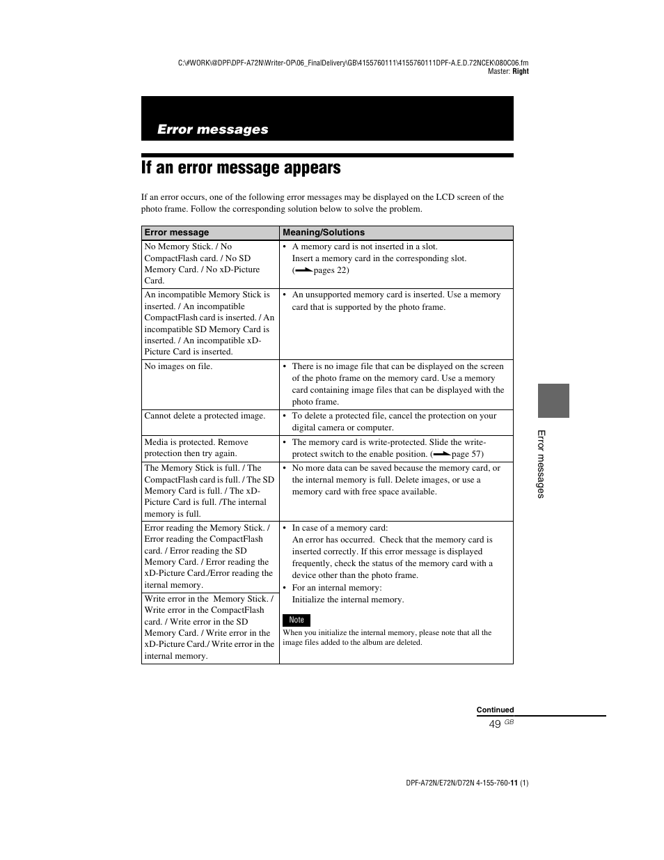 Error messages, If an error message appears | Sony DPF-D72N User Manual | Page 49 / 64