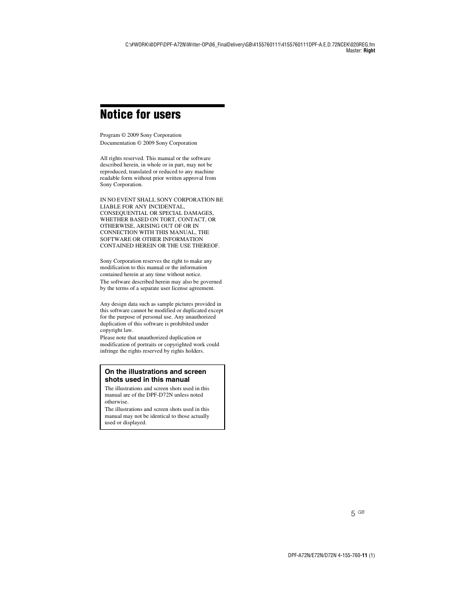 Notice for users | Sony DPF-D72N User Manual | Page 5 / 64