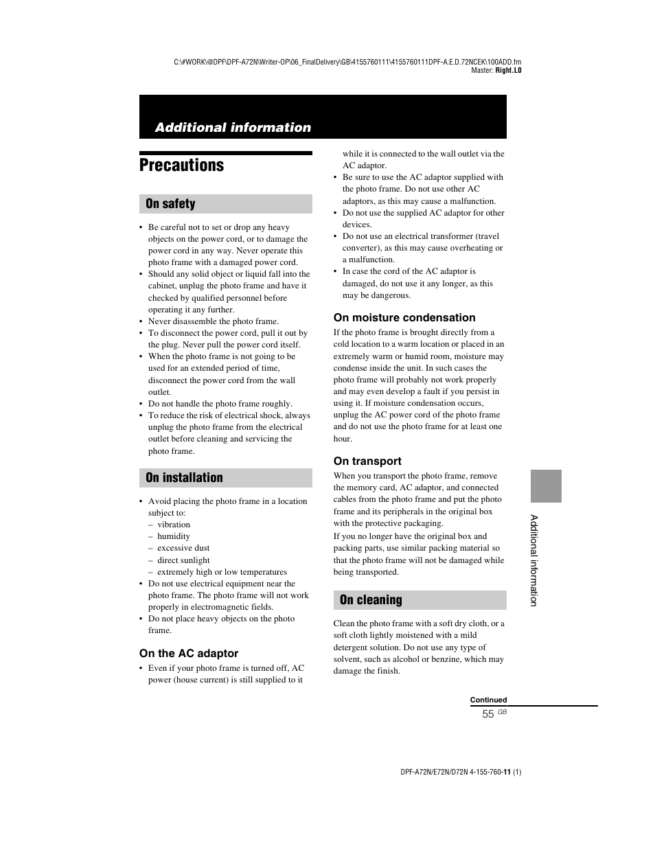 Additional information, Precautions, On safety | On installation, On cleaning, On safety on installation on cleaning | Sony DPF-D72N User Manual | Page 55 / 64
