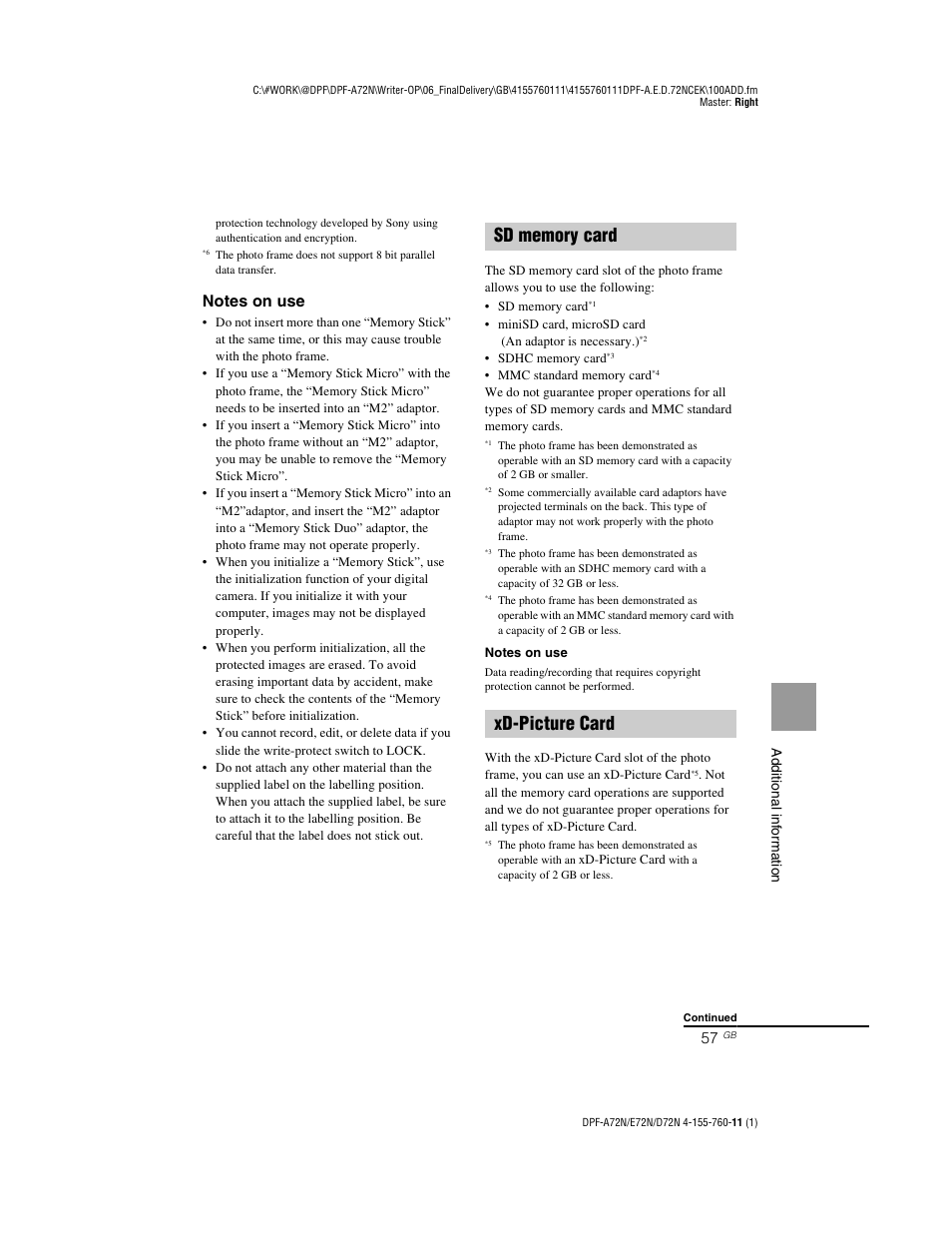 Sd memory card, Xd-picture card, Sd memory card xd-picture card | Sony DPF-D72N User Manual | Page 57 / 64