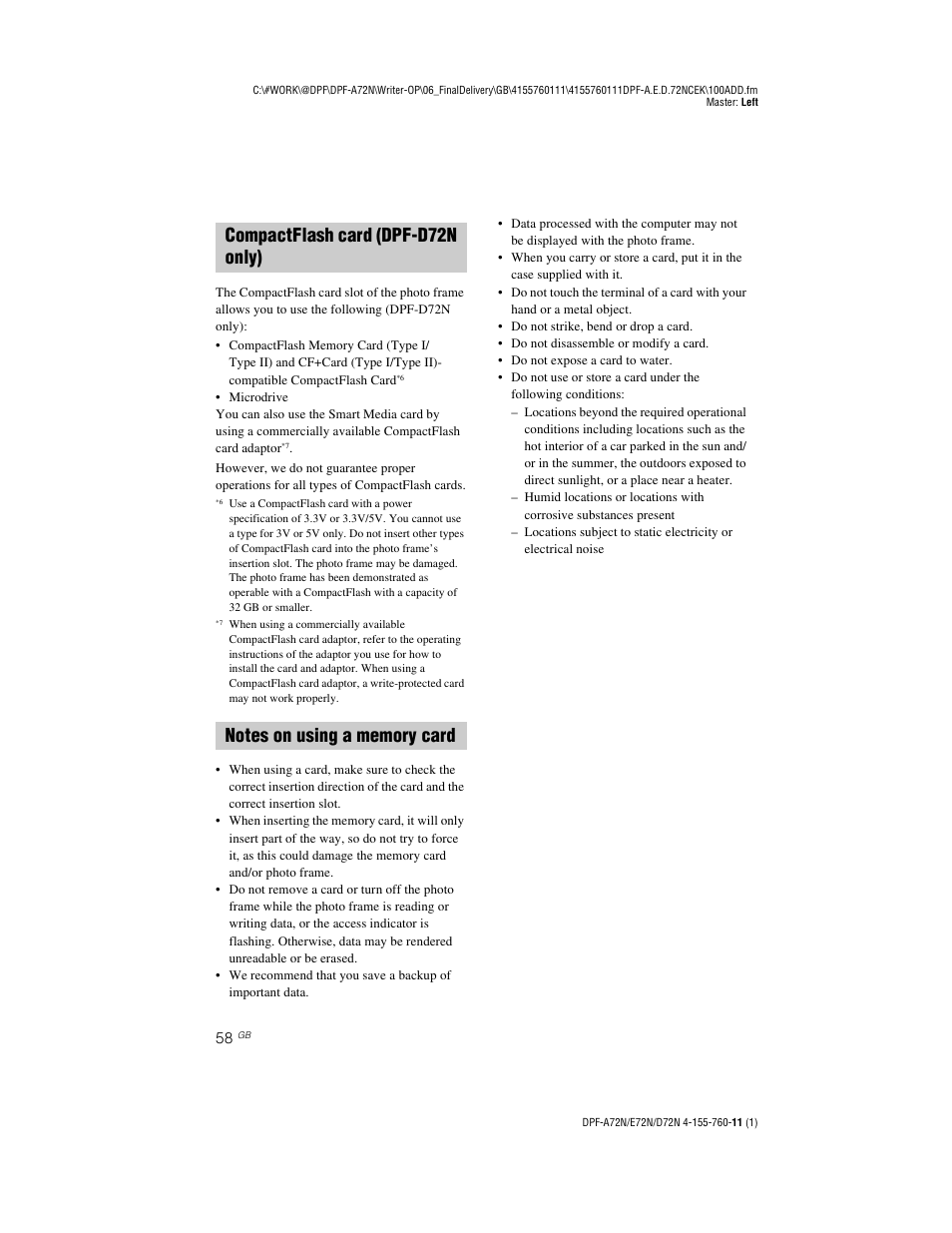 Compactflash card (dpf-d72n only), Notes on using a memory card | Sony DPF-D72N User Manual | Page 58 / 64