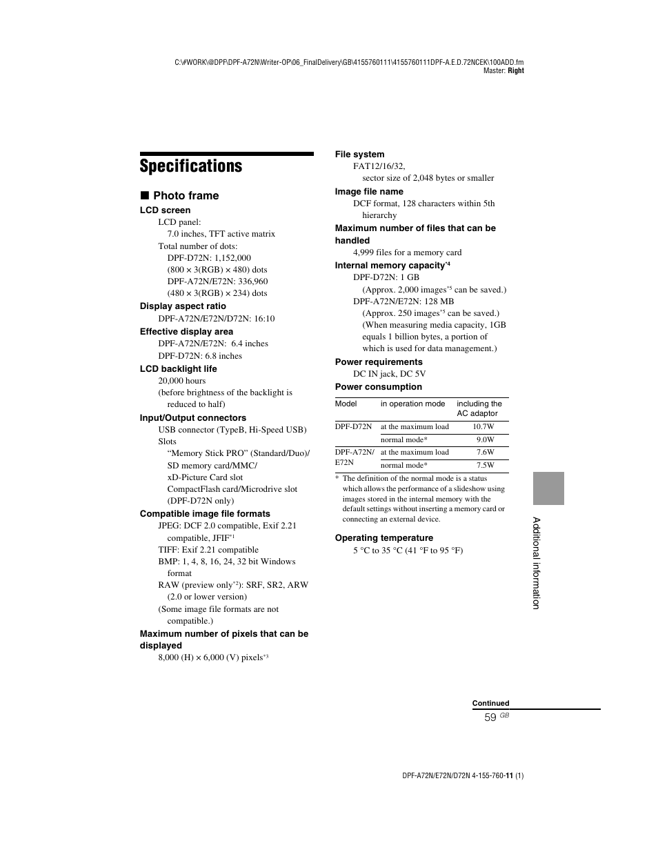 Specifications, X photo frame | Sony DPF-D72N User Manual | Page 59 / 64