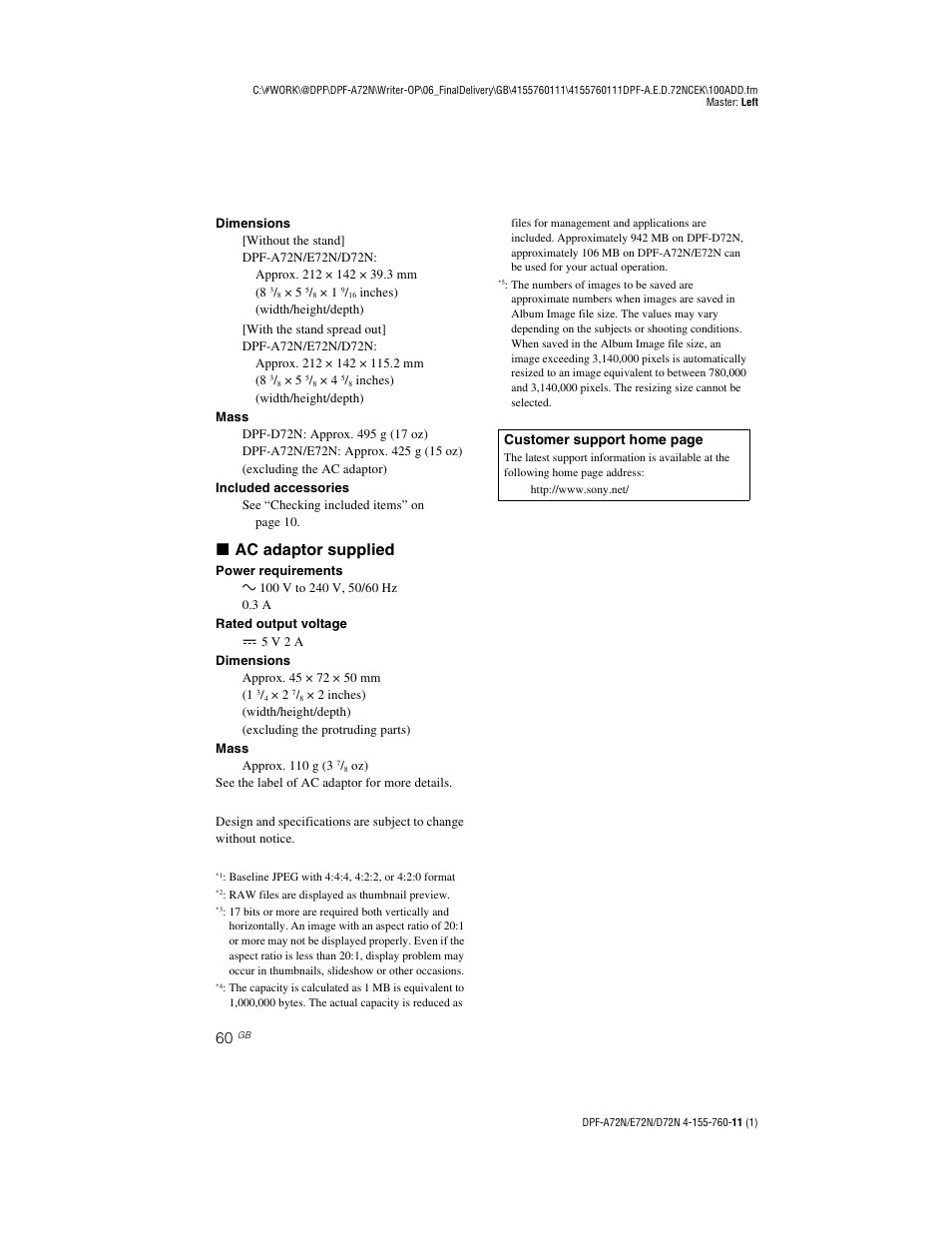 X ac adaptor supplied | Sony DPF-D72N User Manual | Page 60 / 64