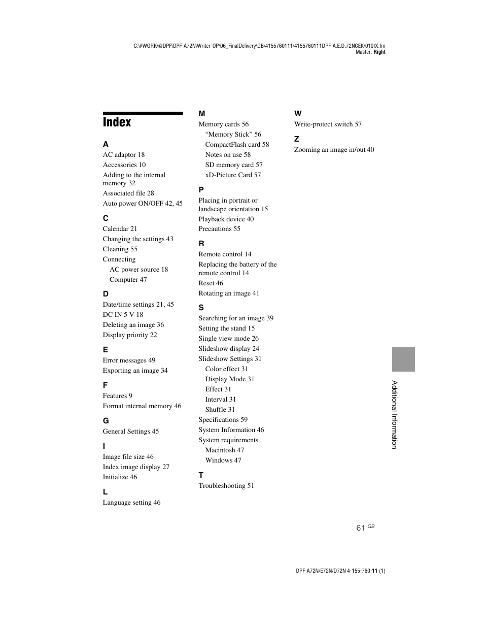 Index | Sony DPF-D72N User Manual | Page 61 / 64