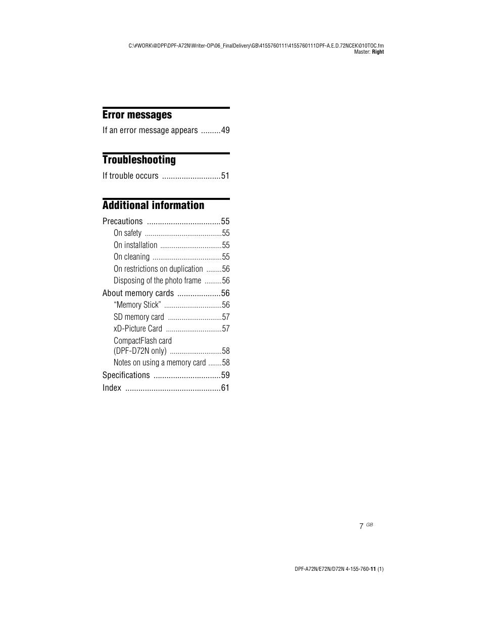 Error messages, Troubleshooting, Additional information | Sony DPF-D72N User Manual | Page 7 / 64