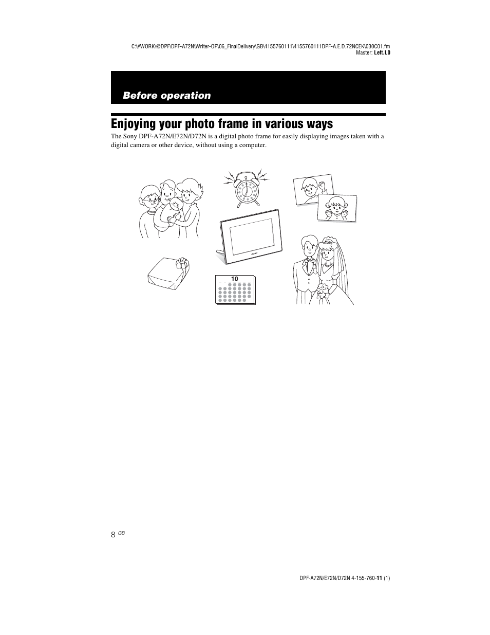 Before operation, Enjoying your photo frame in various ways | Sony DPF-D72N User Manual | Page 8 / 64