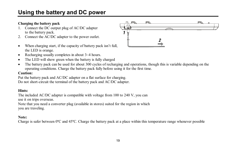 Using the battery and dc power | Hyundai H-LCDVD700 User Manual | Page 19 / 69