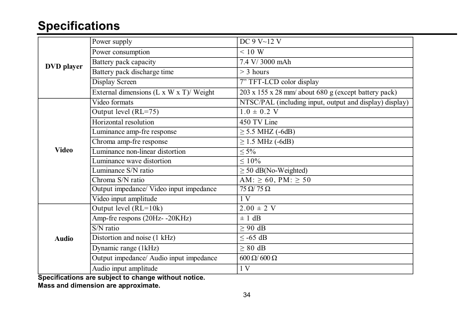 Specifications | Hyundai H-LCDVD700 User Manual | Page 34 / 69