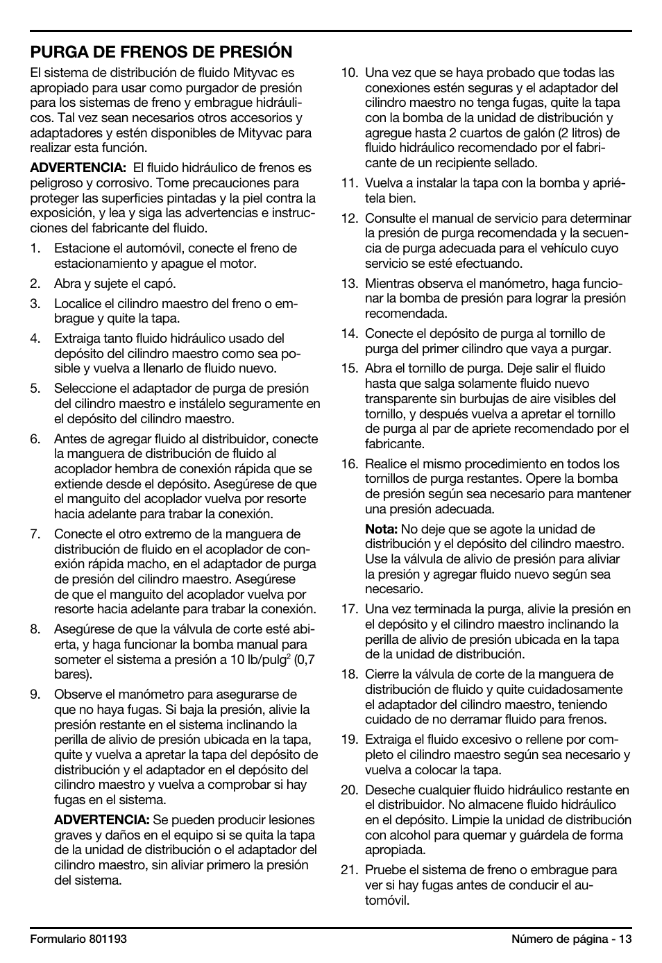 Purga de frenos de presión | Mityvac MV6840 fluid dispensing system User Manual | Page 13 / 30