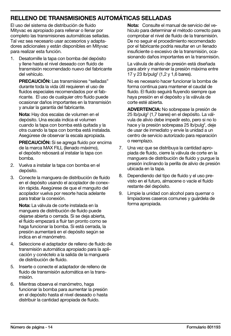 Relleno de transmisiones automáticas selladas | Mityvac MV6840 fluid dispensing system User Manual | Page 14 / 30