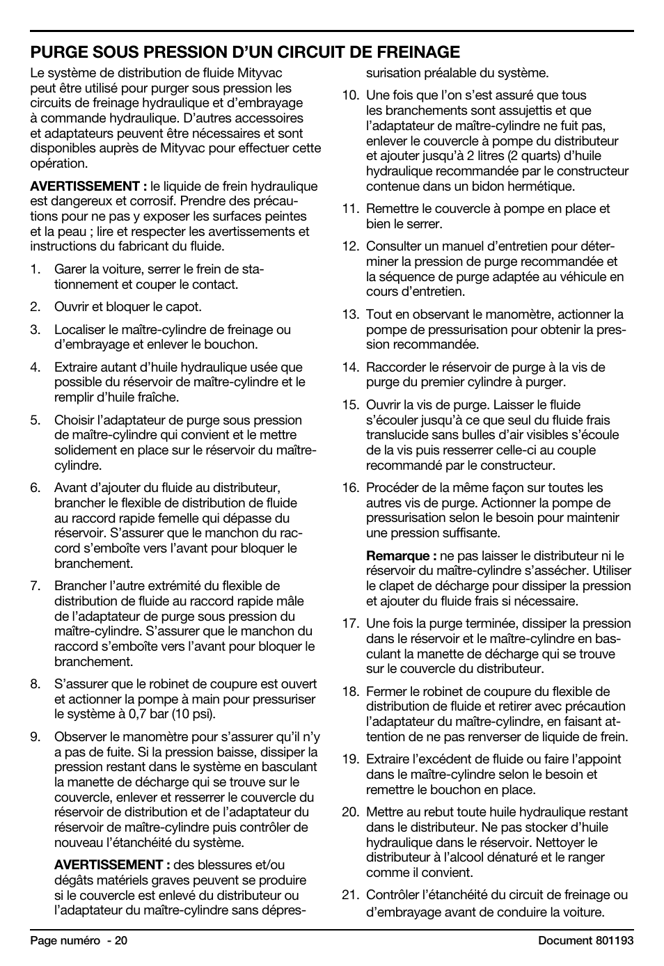 Purge sous pression d’un circuit de freinage | Mityvac MV6840 fluid dispensing system User Manual | Page 20 / 30