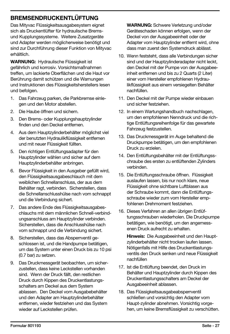 Bremsendruckentlüftung | Mityvac MV6840 fluid dispensing system User Manual | Page 27 / 30
