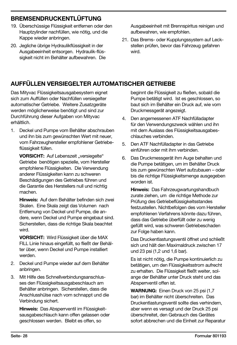 Bremsendruckentlüftung, Auffüllen versiegelter automatischer getriebe | Mityvac MV6840 fluid dispensing system User Manual | Page 28 / 30