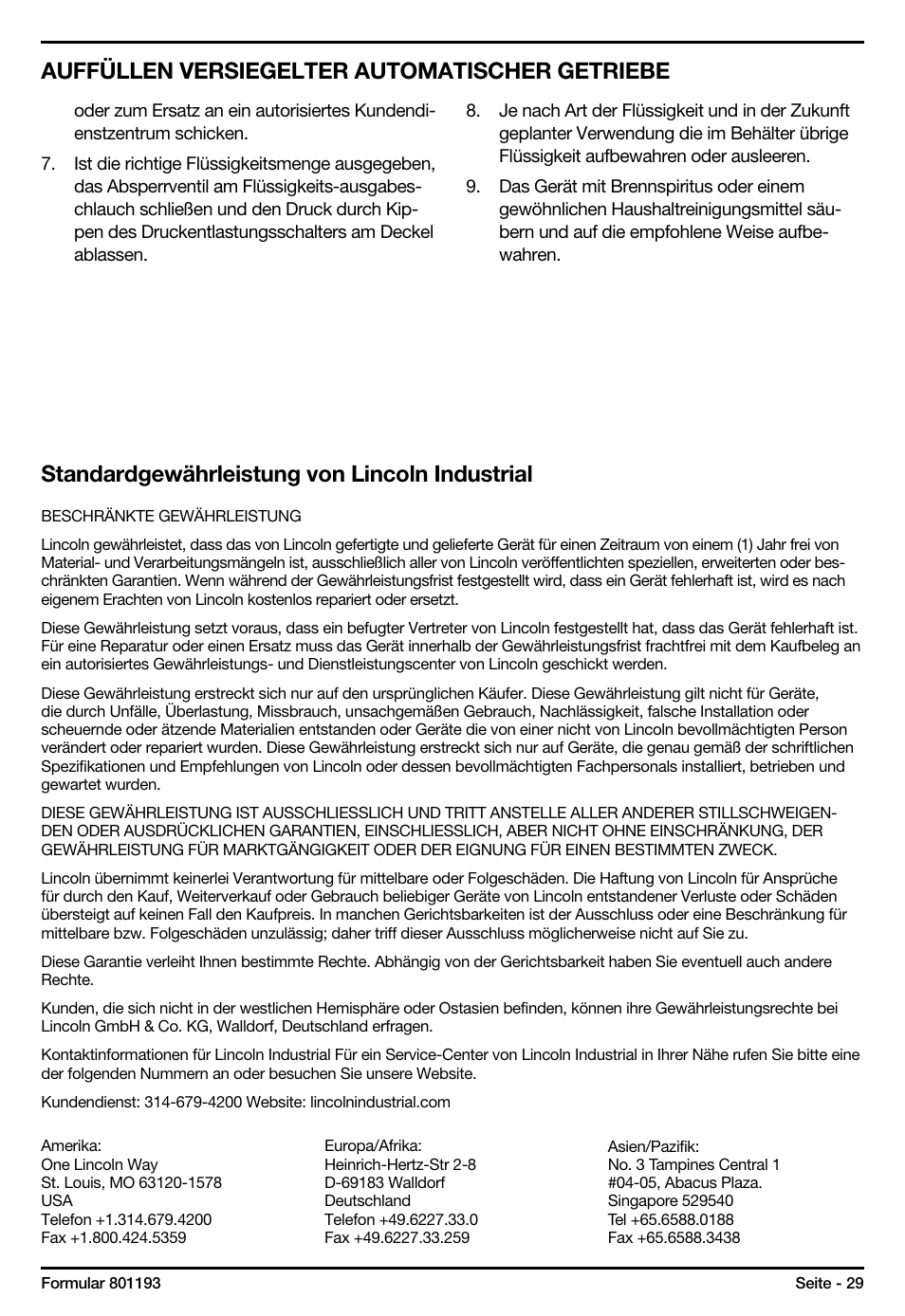 Auffüllen versiegelter automatischer getriebe, Standardgewährleistung von lincoln industrial | Mityvac MV6840 fluid dispensing system User Manual | Page 29 / 30