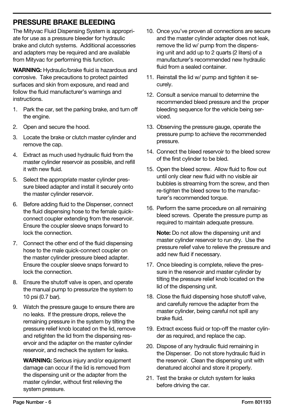 Pressure brake bleeding | Mityvac MV6840 fluid dispensing system User Manual | Page 6 / 30