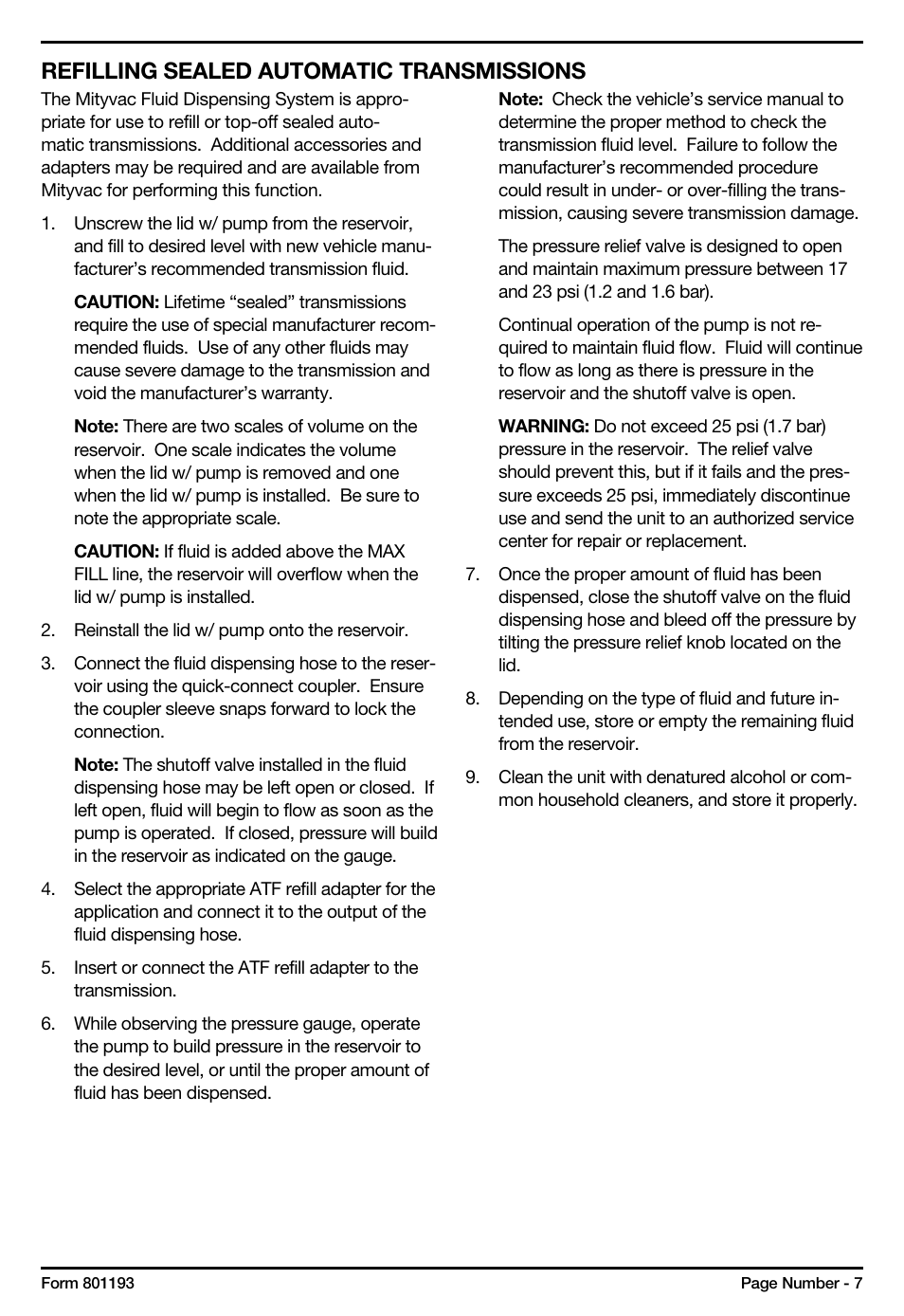 Refilling sealed automatic transmissions | Mityvac MV6840 fluid dispensing system User Manual | Page 7 / 30