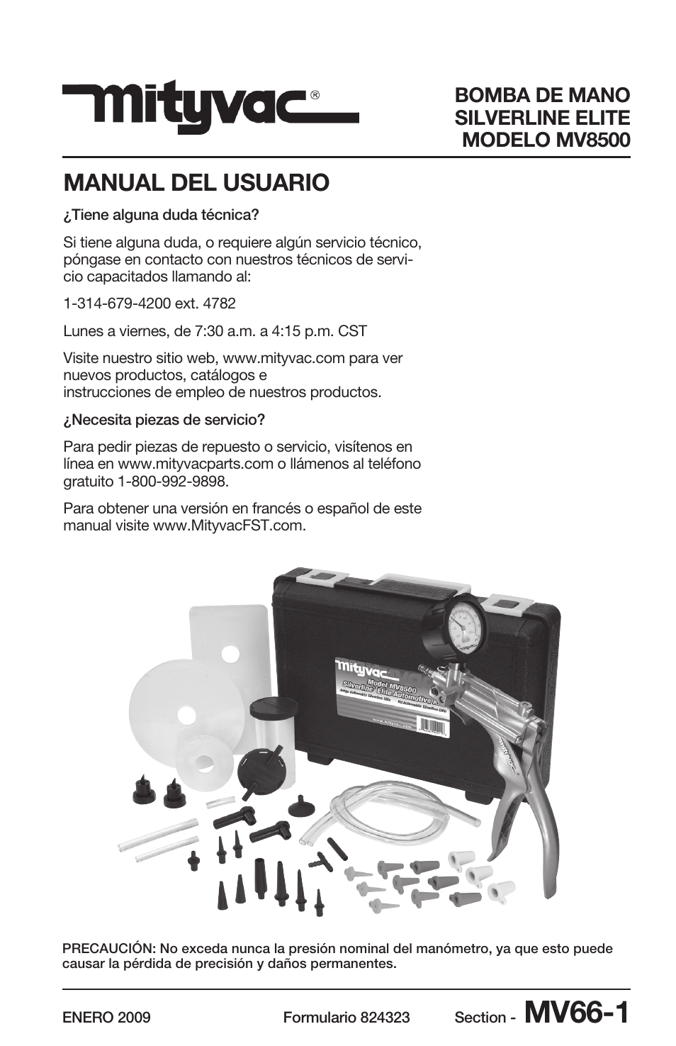 Mv66-1, Manual del usuario, Bomba de mano silverline elite modelo mv8500 | Mityvac MV8500 silverline elite aUtoMotive test kit User Manual | Page 25 / 76