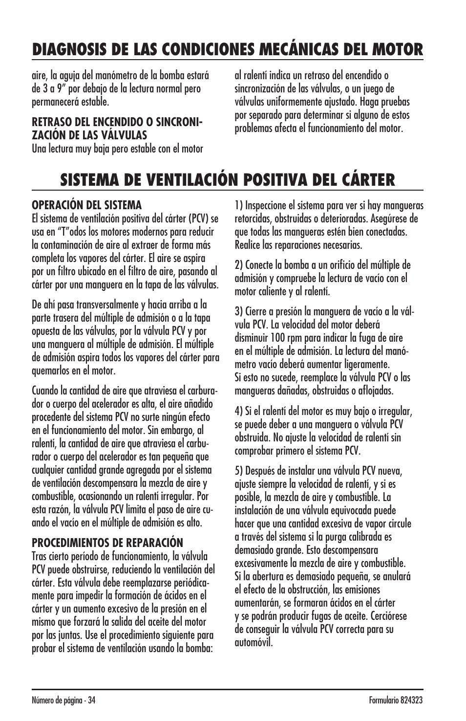 Diagnosis de las condiciones mecánicas del motor, Sistema de ventilación positiva del cárter | Mityvac MV8500 silverline elite aUtoMotive test kit User Manual | Page 34 / 76