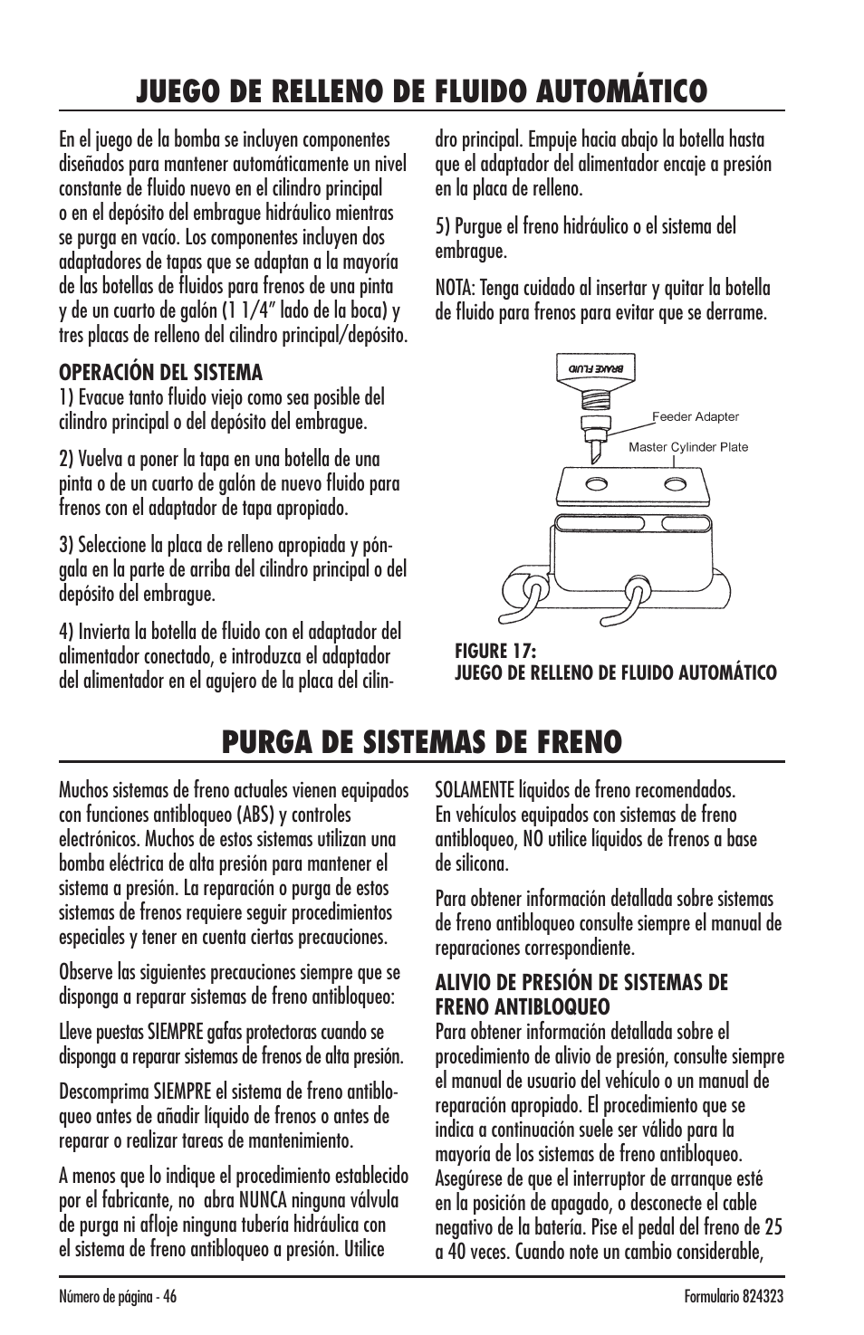 Juego de relleno de fluido automático, Purga de sistemas de freno | Mityvac MV8500 silverline elite aUtoMotive test kit User Manual | Page 46 / 76