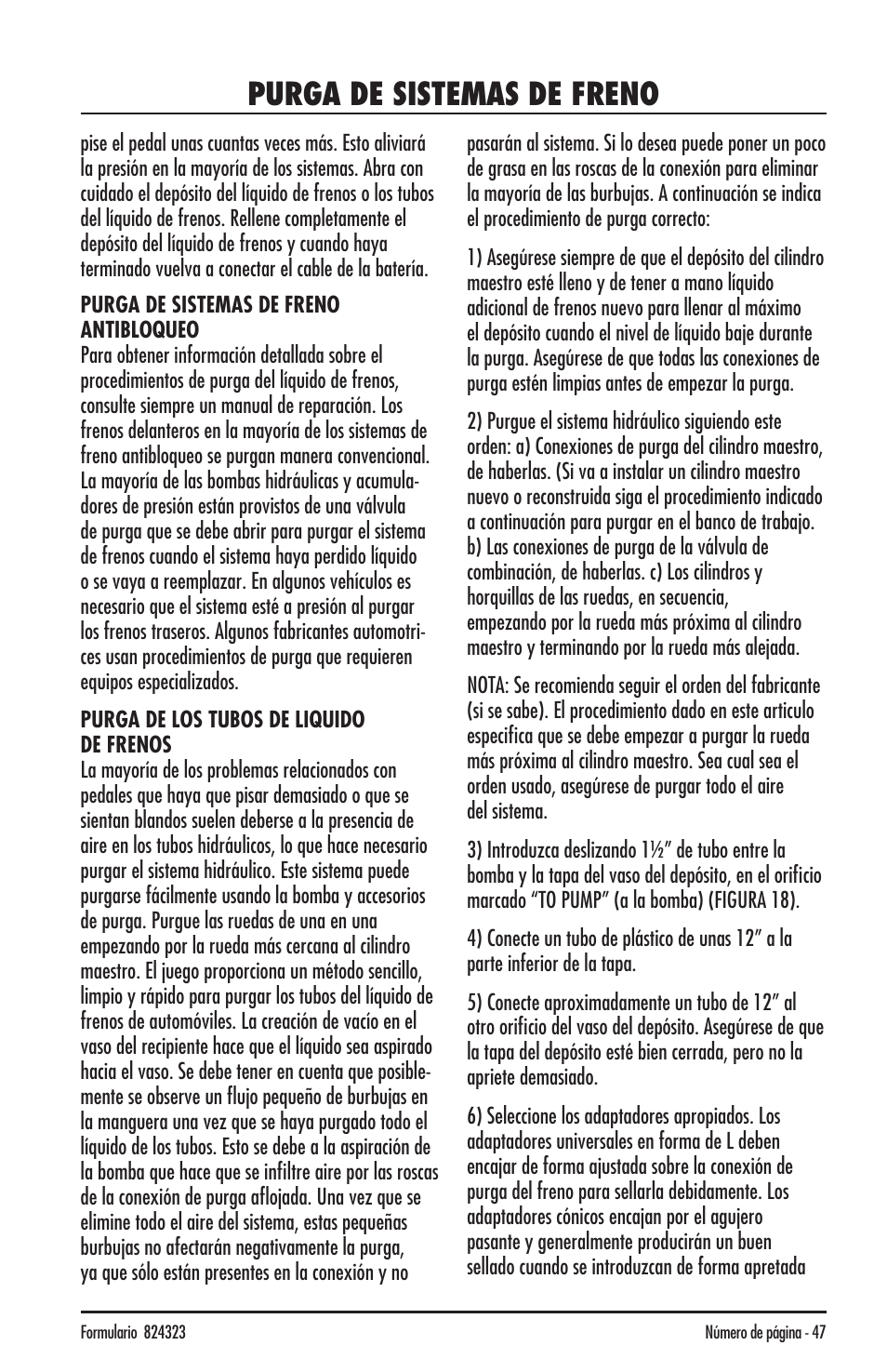 Purga de sistemas de freno | Mityvac MV8500 silverline elite aUtoMotive test kit User Manual | Page 47 / 76