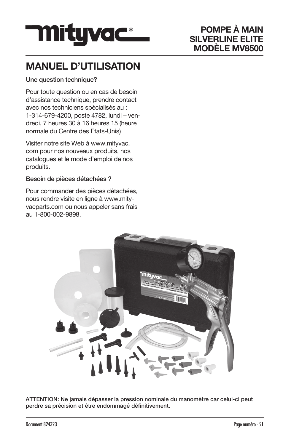 Manuel d’utilisation, Pompe à main silverline elite modèle mv8500 | Mityvac MV8500 silverline elite aUtoMotive test kit User Manual | Page 51 / 76