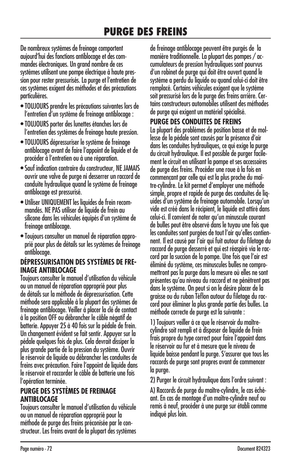 Purge des freins | Mityvac MV8500 silverline elite aUtoMotive test kit User Manual | Page 72 / 76