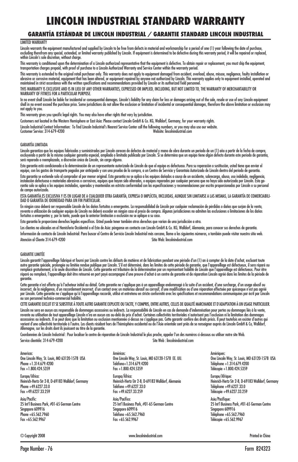 Lincoln industrial standard warranty | Mityvac MV8500 silverline elite aUtoMotive test kit User Manual | Page 76 / 76