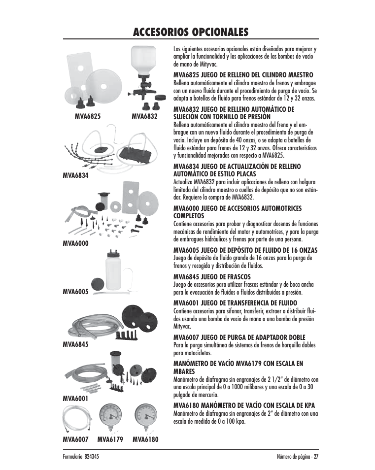 Accesorios opcionales | Mityvac MV8000 AUTOMOTIVE TEST & BLEED KIT User Manual | Page 27 / 76