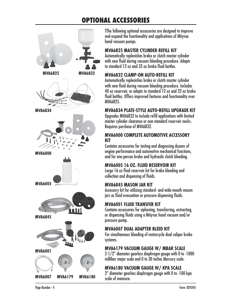 Optional accessories | Mityvac MV8000 AUTOMOTIVE TEST & BLEED KIT User Manual | Page 4 / 76