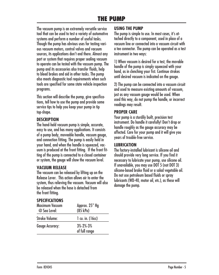 The pump | Mityvac MV8000 AUTOMOTIVE TEST & BLEED KIT User Manual | Page 5 / 76