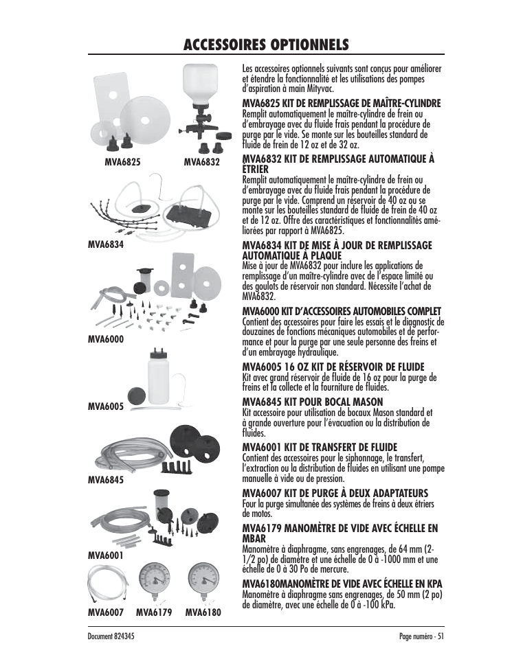 Accessoires optionnels | Mityvac MV8000 AUTOMOTIVE TEST & BLEED KIT User Manual | Page 51 / 76