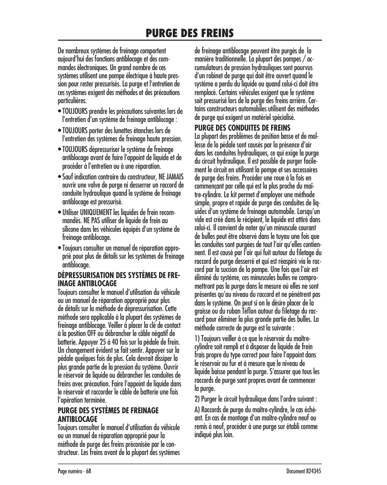 Purge des freins | Mityvac MV8000 AUTOMOTIVE TEST & BLEED KIT User Manual | Page 68 / 76