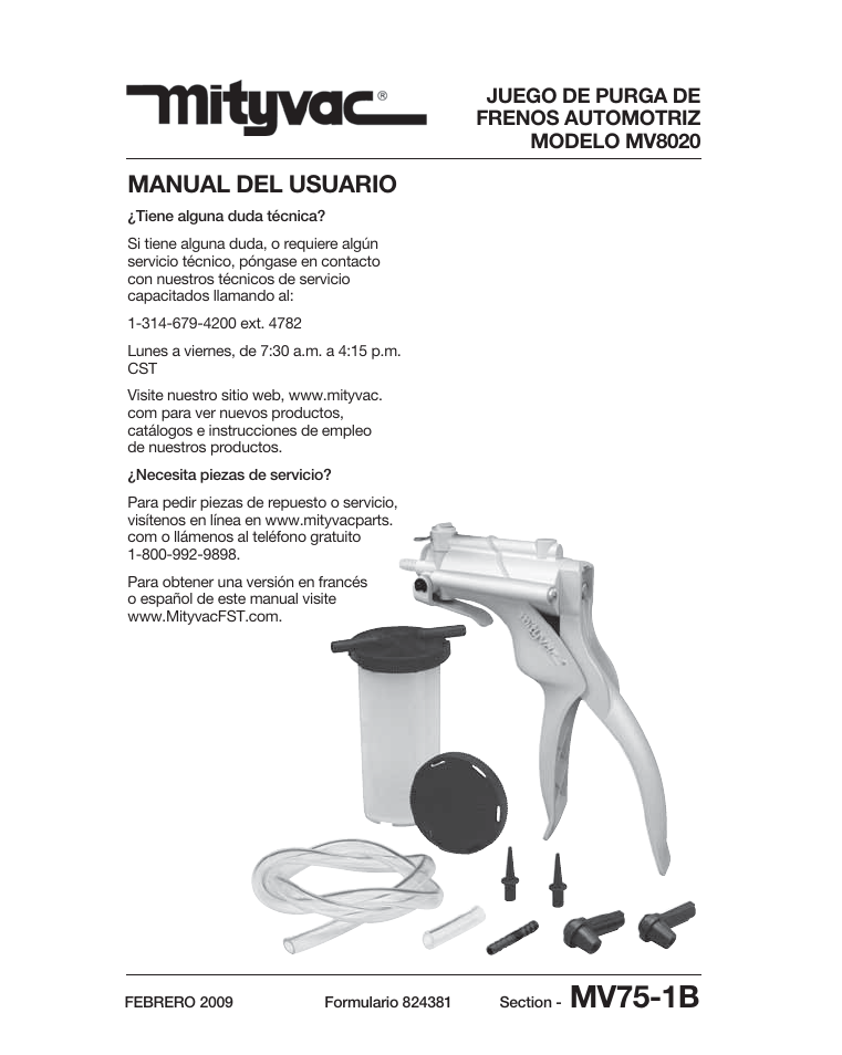 Mv75-1b, Manual del usuario | Mityvac MV8020 AUTOMOTIVE BRAKE BLEEDING KIT User Manual | Page 10 / 32