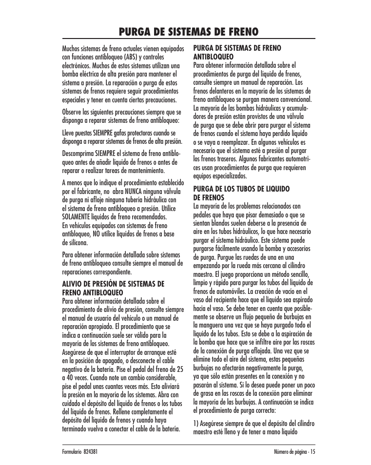 Purga de sistemas de freno | Mityvac MV8020 AUTOMOTIVE BRAKE BLEEDING KIT User Manual | Page 15 / 32