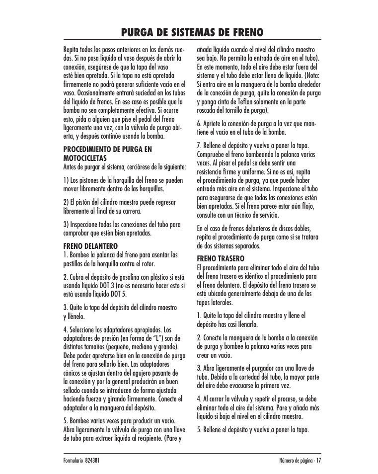 Purga de sistemas de freno | Mityvac MV8020 AUTOMOTIVE BRAKE BLEEDING KIT User Manual | Page 17 / 32