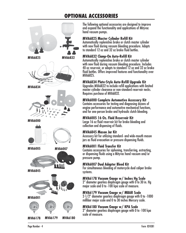 Optional accessories | Mityvac MV8020 AUTOMOTIVE BRAKE BLEEDING KIT User Manual | Page 4 / 32