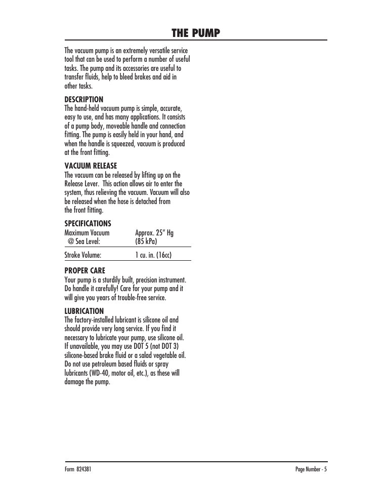 The pump | Mityvac MV8020 AUTOMOTIVE BRAKE BLEEDING KIT User Manual | Page 5 / 32